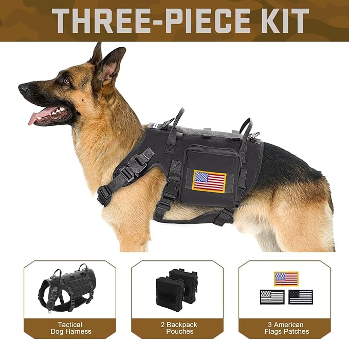 Forestpaw Tactical Dog Harness Pouches and Patches Set,L,Black | Adjustable Fits 27-40" Chest,70-140 lbs,No Pull Military Style Service Dog Vest for Daily Walking Training,Medium Large Dogs