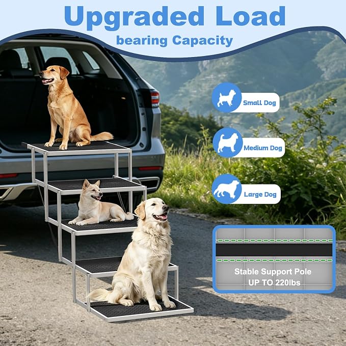 Dog Steps for Car & SUV – 5-Step Foldable Pet Stairs for Large Dogs, Non-Slip Heavy-Duty Plastic Dog Stairs, Lightweight & Portable Vehicle Access, Great Alternative to Dog Ramp for Truck