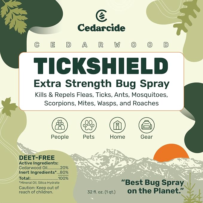 Cedarcide Extra- Strength Tickshield | Deep Woods Cedar Oil Tick & Mosquito Repellent Spray Kills & Repels Ticks, Fleas, Chiggers and Mosquitoes| For People & Pets | Natural Essential Oils | Quart