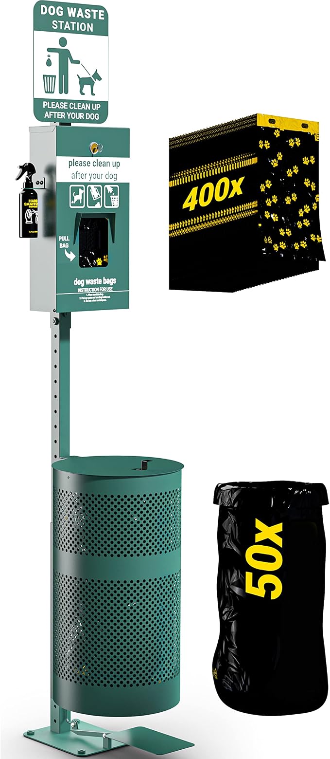 Flash Furniture Pet Waste Station with Pedal Trash Can, Green | Glow in the Dark Sign, Pull-Out Bag Dispenser, Hand Sanitizer Bottle, 400 Waste Bags, 50 Can Liners, Commercial Use