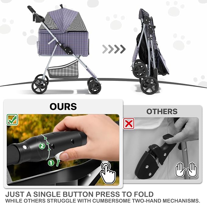 MoNiBloom 3 in 1 Foldable Pet Stroller for Small & Medium Dogs, Detachable Carrier, Car Seat, Push Button Entry, 4-Wheel Jogger for Pets up to 33 lbs, Plaid