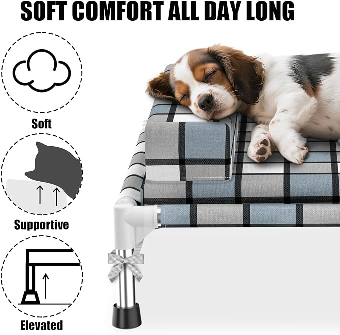 Elevated Dog Bed with Cushion & Bolster, Raised Dog Beds with Pillow & Mat | Small Cooling Lifted Indoor Outdoor Portable Lifted Pet Cot Stainless Steel Frame Indoor Outside Breathable Hammock Beds
