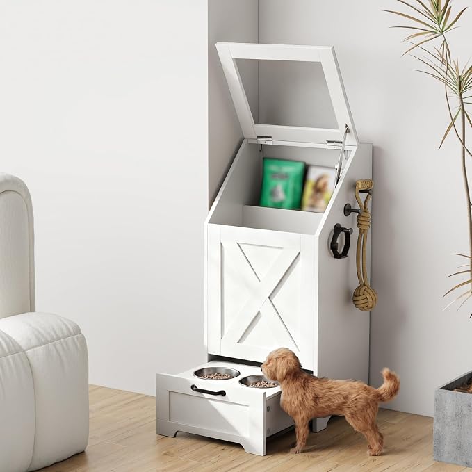 White Dog Feeding Station with Storage & Bowls | Pet food cabinet, 2 elevated bowls, 3 hooks, glass flip cover, anti-tipping device, for dogs.
