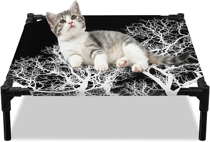 Outdoor Elevated Dog Bed for Small Dogs, Modern Tree Branches Breathable Cooling Raised Dog Cot for Indoor/Outdoor, Contemporary Black Botanical Waterproof Elevated Pet Beds, S 20 x 20 in