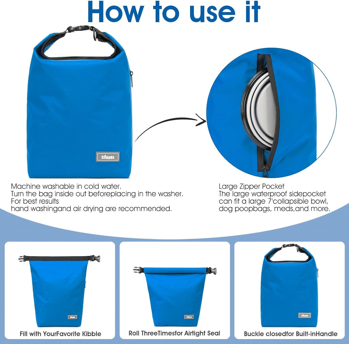 Pet Food Storage Bag,Dog Storage Organizer Bag w/2PCS Collapsible Dog Travel Bowls and Zipper Side Pocket for Home(Blue, Large)