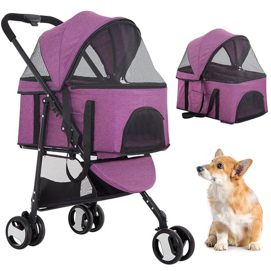 BestPet 3-Wheels Premium 3-in-1 Multifunction Pet Stroller for Medium Small Dogs & Cats - Detachable Carrier, Lightweight Folding Travel Stroller, Purple