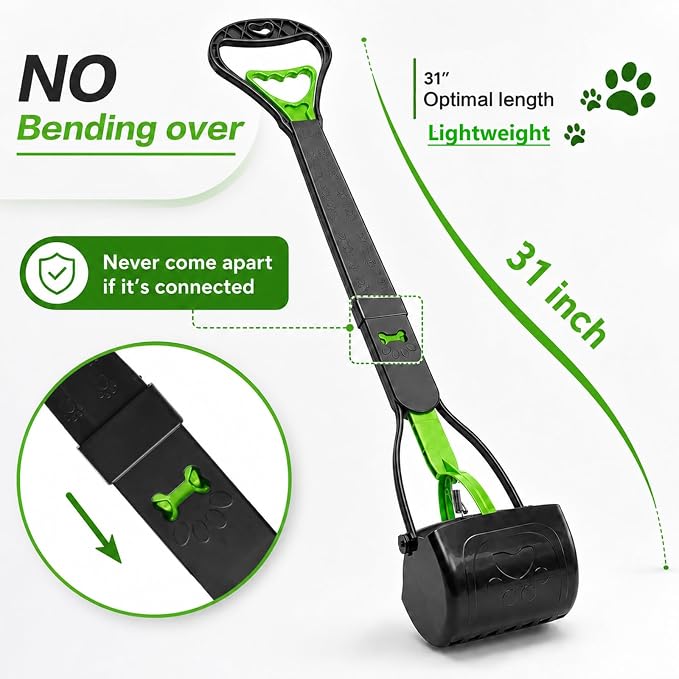 31inch Large Pooper Scooper for Dogs with Long Handle, Sturdy & Durable, Not Easy to Break, Lightweight & Easy to Use, Easy to Pick Up from Grass and Gravel | Less Bend Down, One-hand Operate Pick up for all Surface, Heavy Duty Poop Scooper for Large M...