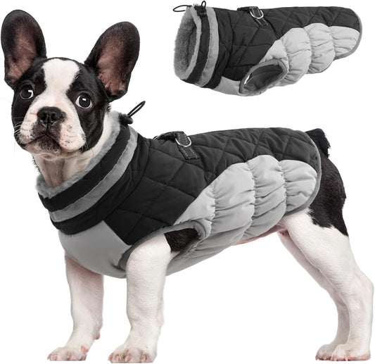 FUAMEY Dog Coat for Small Dogs,Waterproof Dog Winter Jacket with Harness Built in Puppy Cold Weather Coats Reflective Pet Vest with Zipper Warm Fleece Dogs Snowsuit Windproof Black S