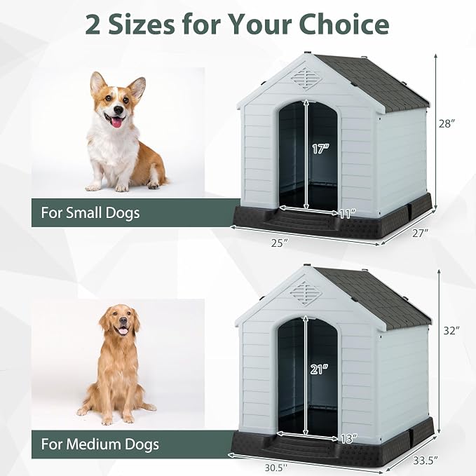 Giantex Dog House for Medium Dogs, Waterproof Plastic Dog Houses with Air Vents and Elevated Floor, Easy to Assemble, Outdoor Cat House Feeding Station Indoor Patio Backyard Dog Kennel House, Gray