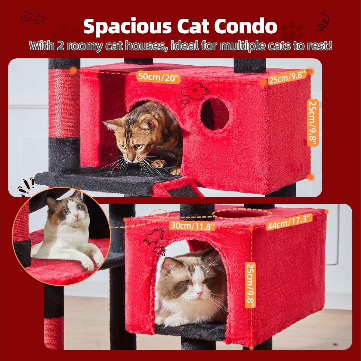 Taoqimiao Gothic Cat Tree 71-Inch, Cat Tower for Indoor Cats Large Adult, Large Cat Condo, 8 Sisal Scratching Posts, Metal Frame Cozy Hammock, Scratch Board, 2 Perches, Black and Red MS026LBR