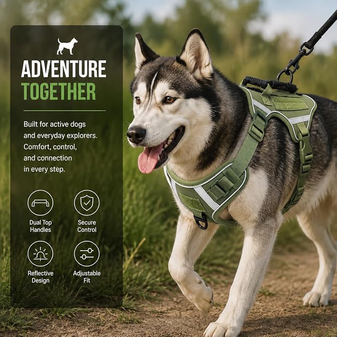 Tactical Dog Vest with Handles,No Pull Tactical Service Dog Harness with Molle System, Adjustable Reflective Pet Vest for Walking Hiking Training Army Green M
