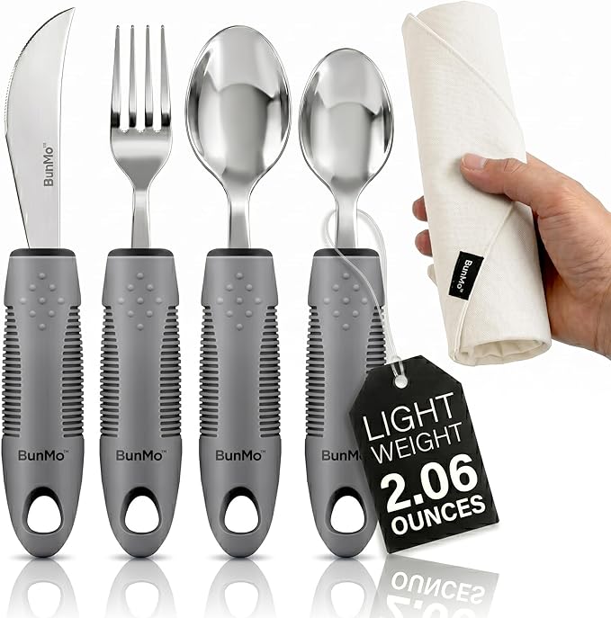 BUNMO Weighted Utensils for Hand Tremors - Elderly, Weak Hand Grip & Handicapped - Stainless Steel - Eat Independently