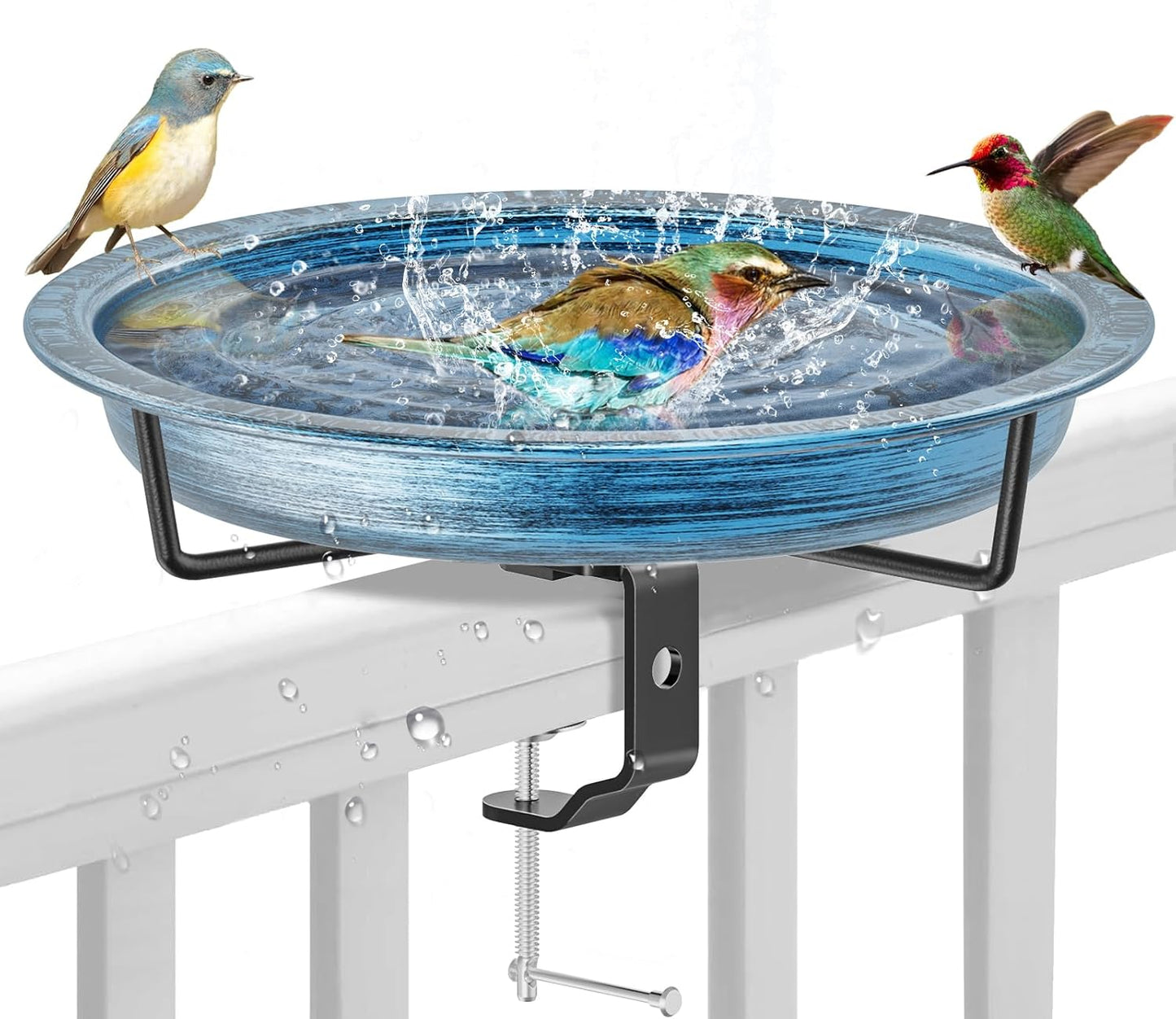 Deck Mounted Bird Bath Outside, Detachable Birdbath Bowl with Sturdy Clamp, Outdoor Bird Baths Bowl for Attracting Birds Garden Yard Decor (Retro Blue)