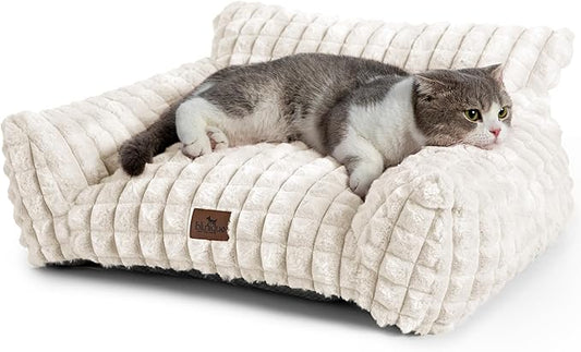 Cat Beds for Indoor Cats - Cute Cat Couch Bed Fluffy Pet Sofa with Faux Rabbit Fur Washable Cover, Fuzzy Pet Couch in 3D Diamond Pattern, Suppportive Large & Small Cats Sofa, 24inch Off White