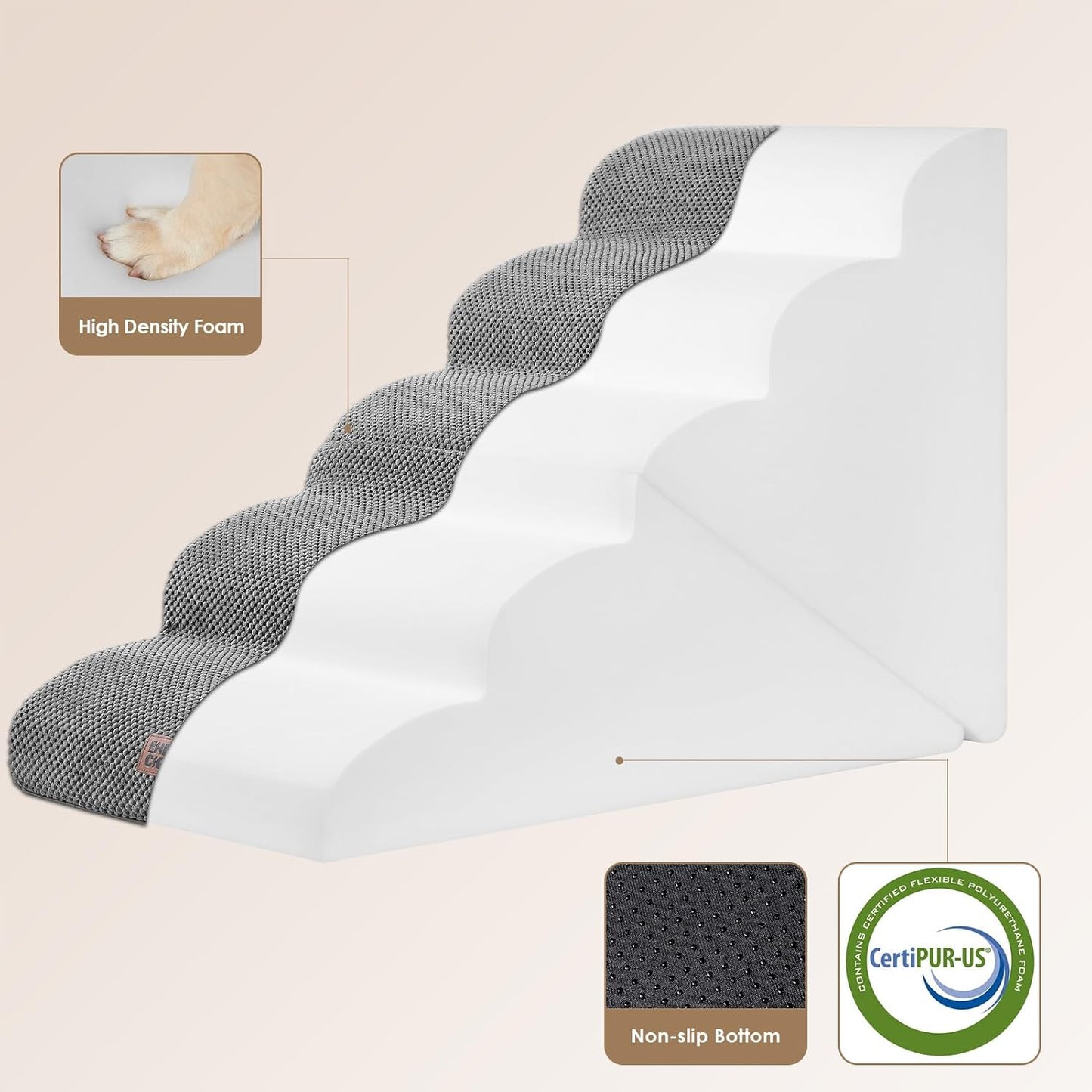 EHEYCIGA Curved Foldable Dog Stairs Ramp for High Beds 22.5" H, 5-Step Dog Steps for Small Dogs and Cats, Pet Stairs for High Bed Climbing, Non-Slip Balanced Pet Step Indoor, Grey