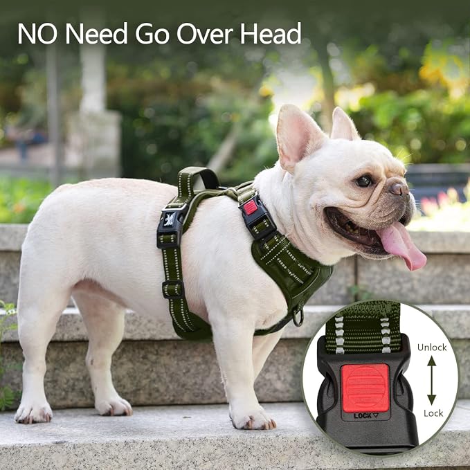 PoyPet No Pull Dog Harness, Reflective Vest with 2 Leash Clips & Handle | Lockable Neck Release Buckle, No Choke, Adjustable, Soft Padded, for Walking Training, Military Green, Small