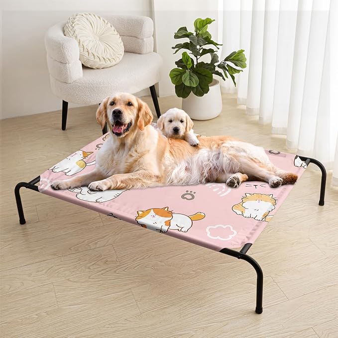 Kawaii Cat Pattern Orthopedic Elevated Dog Pet Bed(47"X31"X9"),with Metal Frame,Printing Breathable Waterproof Dog Kennel,Sleeping Bed Set for Small Medium Large Dogs Cats,for Home,Outdoor Use