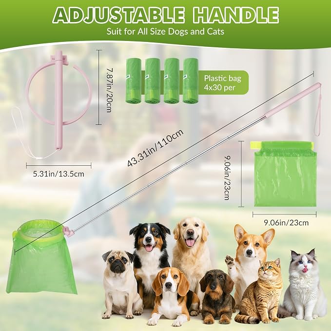Dog Pooper Scooper, 43" Extendable Pooper Scooper Long Handle with 120 Bags | Portable Poop Scoop for Small Medium Large Dogs, No Touch, Stainless Steel, Lightweight, Foldable, Suit Yard,Wild, City, Park