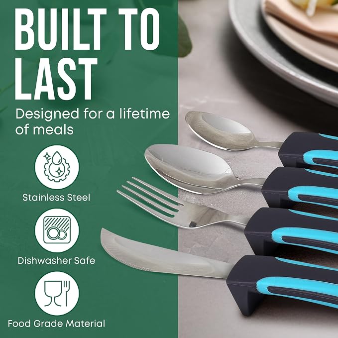 BUNMO Weighted Utensils for Hand Tremors - Elderly, Weak Hand Grip & Handicapped - Stainless Steel - Eat Independently