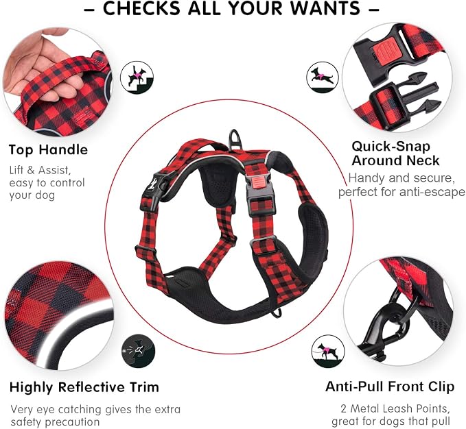 PoyPet Plaid Dog Harness Medium, No Pull Vest with Front Clip & Neck Buckle | Padded Handle, Reflective, No Choke, Lockable, 2 Leash Rings, Full Adjustable, for Training Walking, M, Checkered Red