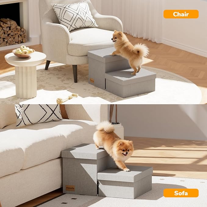 2-Step Wide Dog Stairs with Storage 11" H, Non-Slip Sturdy Pet Steps for Couch Chair, Dog Steps for Small/Medium Old Dogs, Cats, Rabbits Up to 150lbs, Foldable Cat Puppy Stairs for Car, Grey