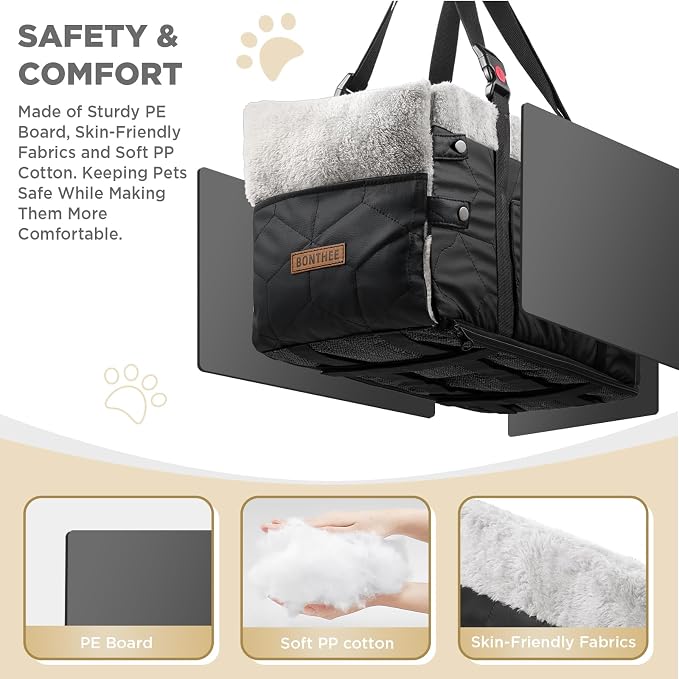 Center Console Dog Car Seat for Small Dogs,PU Leather Small Dog Car Booster Seat,Washable Foldable with Safe Protection Hooks Adjustable Straps and Storage Pocket Pet Up to 15lbs-Black