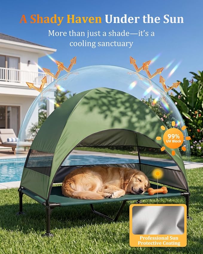 Elevated Outdoor Dog Bed with Canopy, Raised Dog Cot with Stable Adjustable Feet, Dog Camping Bed with Larger Shade, Lifted Dog Tent Bed with Canopy for Outside (Green, X-Large)