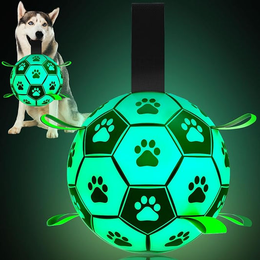 Glow in The Dark Dog Toys, 8'' Dog Soccer Ball with Straps Upgraded Interactive Light Up Dog Toys, World Cup Dogs Football, Outdoor Tug Toys for Medium & Large Dogs Birthday Gifts(8 Inch-Large)