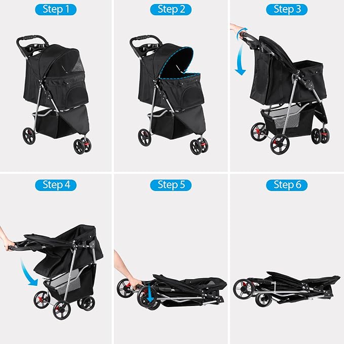 Foldable Pet Stroller for Cats and Dogs 3 Wheels Carrier Strolling Cart with Weather Cover, Storage Basket + Cup Holder (Black)