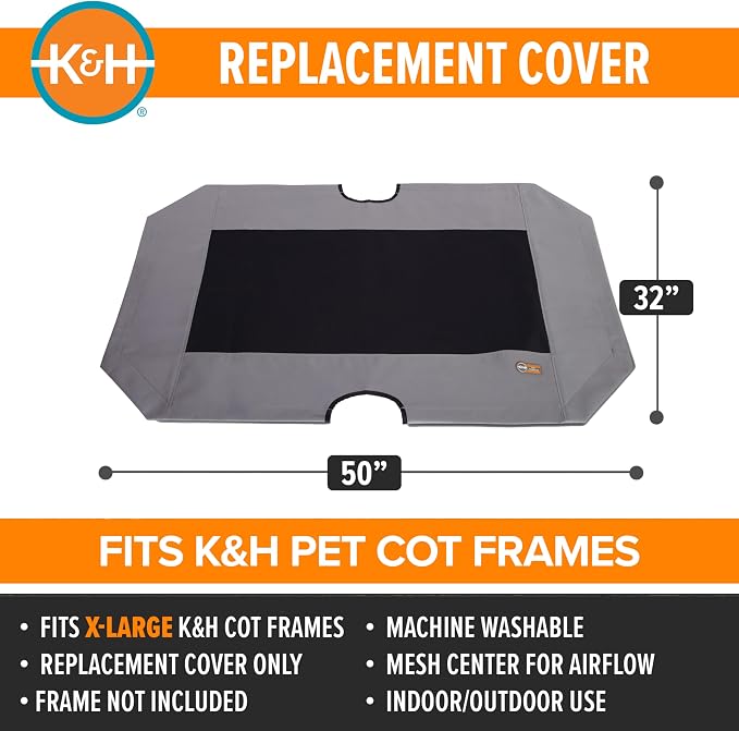 K&H Outdoor Elevated Dog Bed Pet Cot Replacement Cover, XL 50x32in, Gray | Designed to fit K&H XL Pet Cots (Sold Separately), Indoor Outdoor Dog Bed, Breathable Cooling Mesh Center, Machine Washable