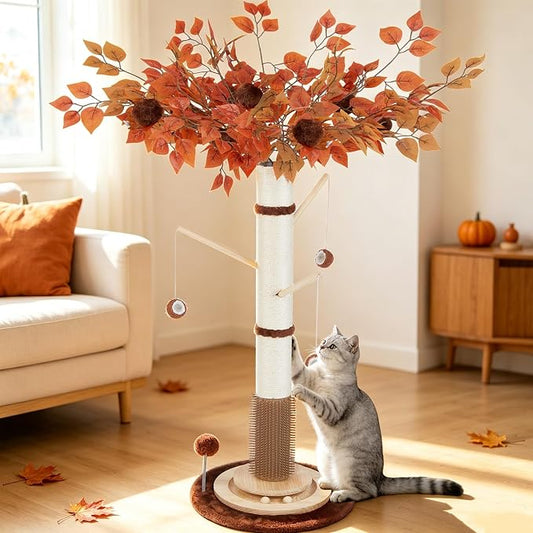 Cat Scratching Post, 46" Tall Scratcher Post for Indoor Adult Cats | Heavy Duty Scratching Post 100% Natural Sisal, Stable 3-Layer Wood Base, Hanging Ball and Track Toy for Indoor Adults Cats