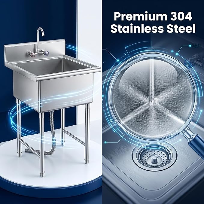 304 Utility Sink, Laundry Tub, Single Bowl; Heavy Wash Basin for Garage