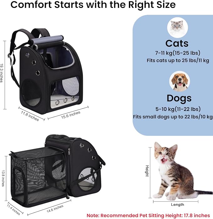 Expandable Cat Carrier Backpack, Large Space, Airline Approved, XL | Pet Carrier Backpack Up to 25 lbs, Portable Pet Travel Backpack, Ideal for Traveling/Hiking /Camping/Vet, Black