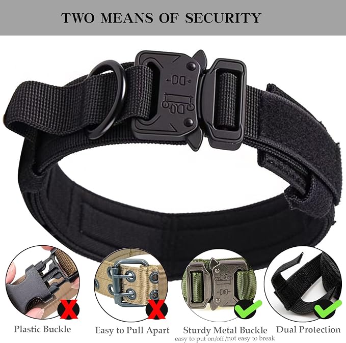 Tactical Dog Collar for Large Dogs with Control Handle,Black,L | Adjustable Fit,Heavy-Duty Quick-Release Metal Buckle,1000D Nylon Fabric,Soft-Padded Webbing,D-Ring,for Training & Hiking