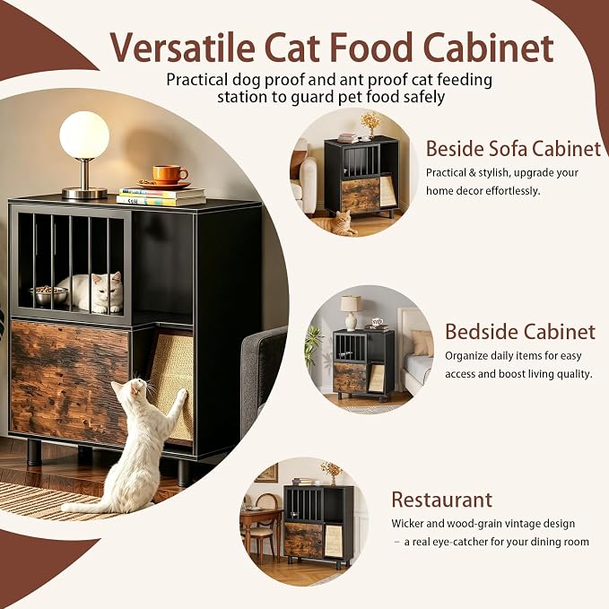 Dog Proof Cat Feeder Station – Elevated Feeding Table with Stainless Steel Bowls, Scratching Board & Storage Locker, Anti-Dog, Sturdy, Easy Assembly, Outdoor Wood Furniture