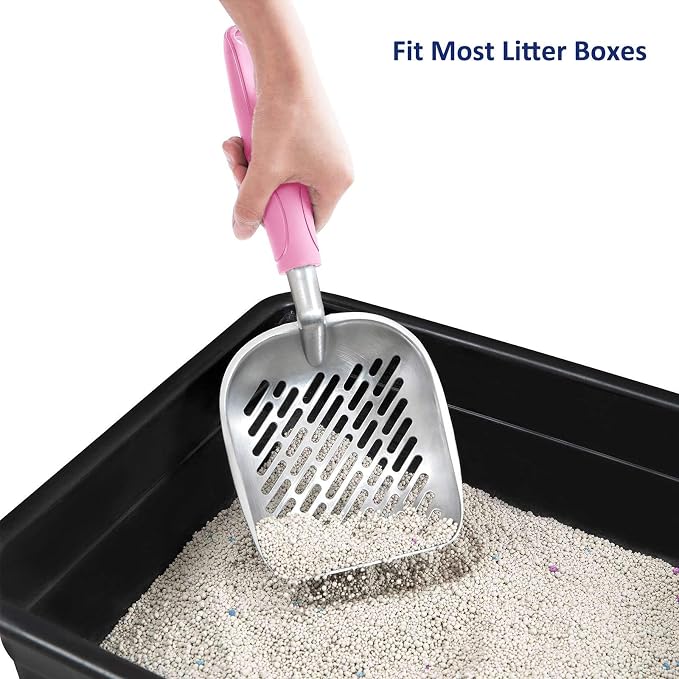 Cat Litter Scoop, Aluminum Alloy Sifter, Kitty Metal Scooper, Deep Shovel with Diagonal Sifting Hole, Long Handle, Kitten Poop Lifter for Litter Box, Large Size, Pink Handle