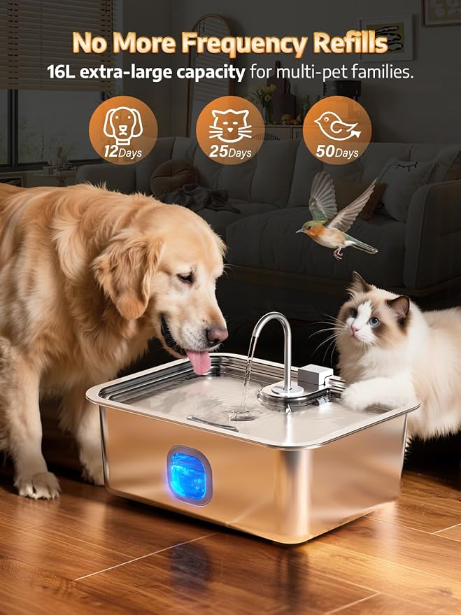 4.2Gal Dog Water Fountain for Large Dogs, 16L Stainless Steel Large Dog Fountain Water Bowl with Deeper & Wider Drinking Tray, Pet Water Dispenser with Visible Window (with 7 Newly Filters)