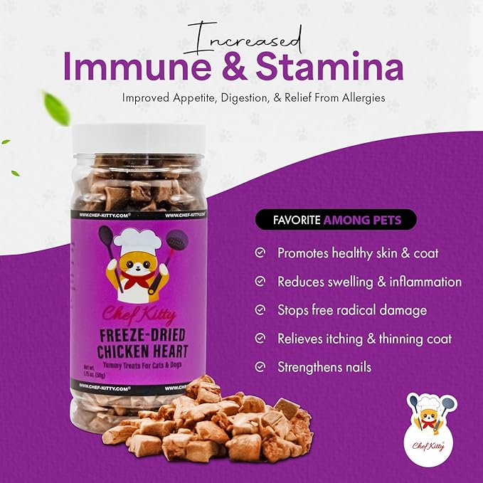Chicken Hearts for Dogs | Cat Treats Freeze Dried, 100% Human Grade, Single Ingredient | High Protein Cat & Dog Food Toppers | No additives or Preservatives | Inspected & Tested in USA | 1.4 oz.