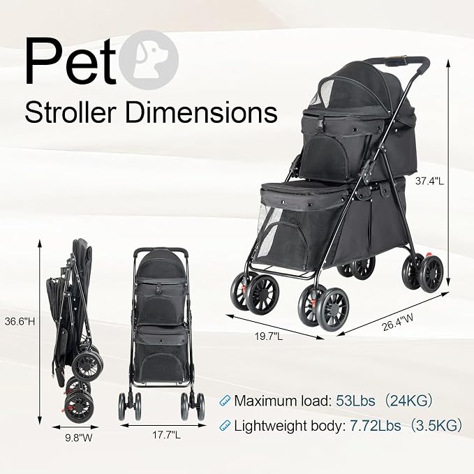 Double Pet Stroller for Medium Small Dogs and Cats with 2 Carriage, Durable Universal Wheels with Brakes Lightweight One Hand Foldale Kittens Puppies Travel Strolling Cart (Black)