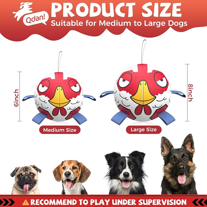 QDAN Chicken Dog Toys Soccer Ball with Straps, Interactive Dog Toys for Tug of War, Puppy Birthday Gifts, Tug Toy, Dogs Water Toy, Durable Dogs Balls for Dog（8 Inch）