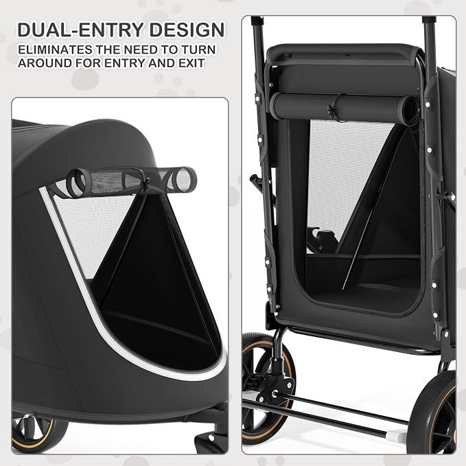 MoNiBloom Pet Stroller for Large Dogs or Dogs Cats up to 55 lbs, Black | with Adjustable Handle, 3-Wheels Dual Entry Portable Dog Carting Easy Folding Pet Wagon Double Multiple Dog Stroller