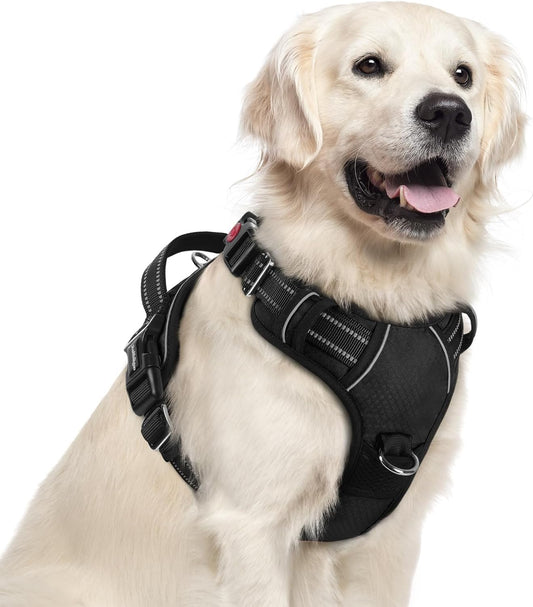 rabbitgoo Dog Harness for Large Dogs, No Pull Pet Vest with 3 Buckles, Adjustable Soft Padded Pet Harness with Easy Control Handle and Reflective Strips, Black, XL