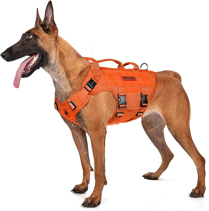 OneTigris Large Tactical Dog Harness, No Pulling Adjustable Dog Vest Harness, Heavy Duty Dog Harness with Handle, Large Hook and Loop Panels for Patch(Orange,L)