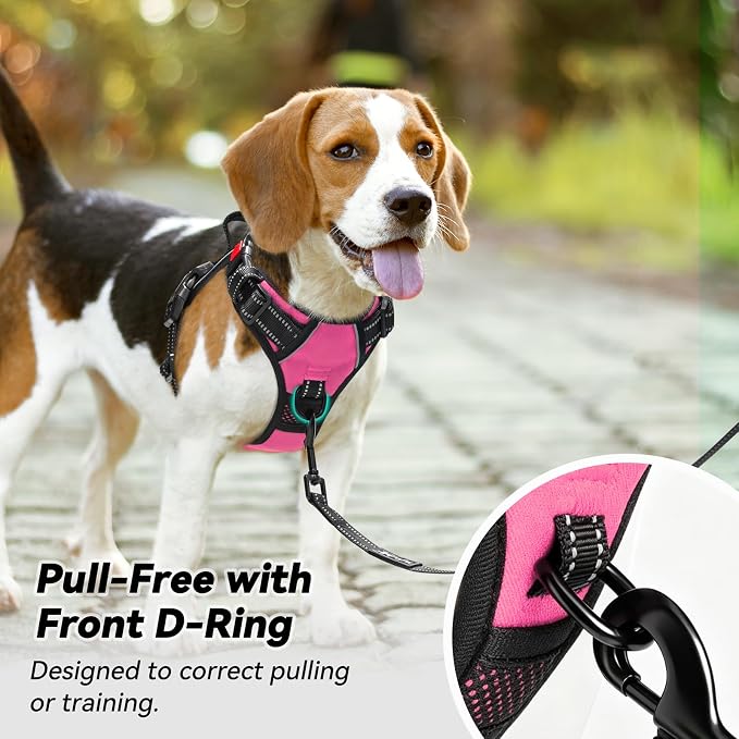 PoyPet No Pull Dog Harness Large with Front Clip & Neck Release Buckle | No Choke, Adjustable Vest, Reflective, Back Clip, Lockable, Soft Padded, Easy Control Handle for Walking Training, L, Pink