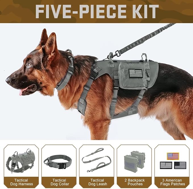 Forestpaw Tactical Dog Harness Collar Bungee Leash Set,S,Gray | Adjustable Fits 17-25" Chest,20-35 lbs,No Pull Control Military Style,Quick Release Buckle,Walking for Medium Dogs