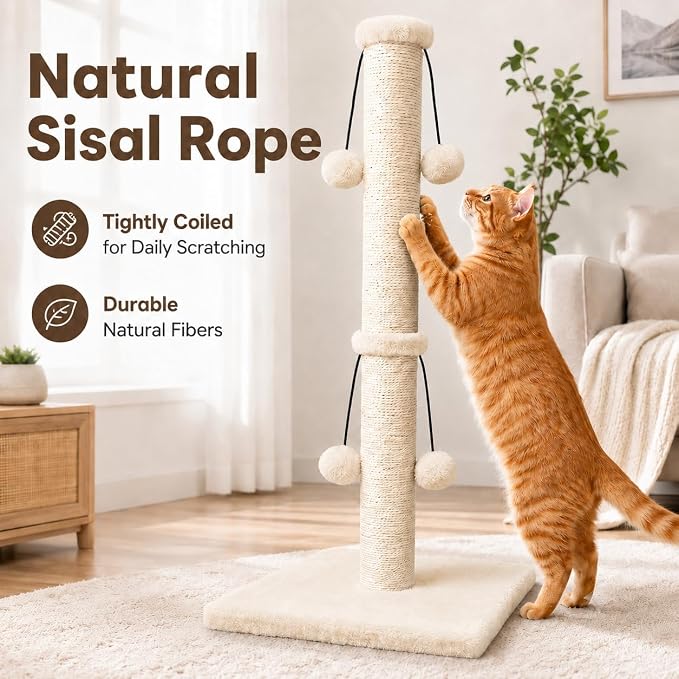 Dimaka 34'' Cat Scratching Post, Cat Scratching Post, Cat Scratcher for Large Cats with Teasing Toy Ball, Natural Sisal White and Grey (Beige)