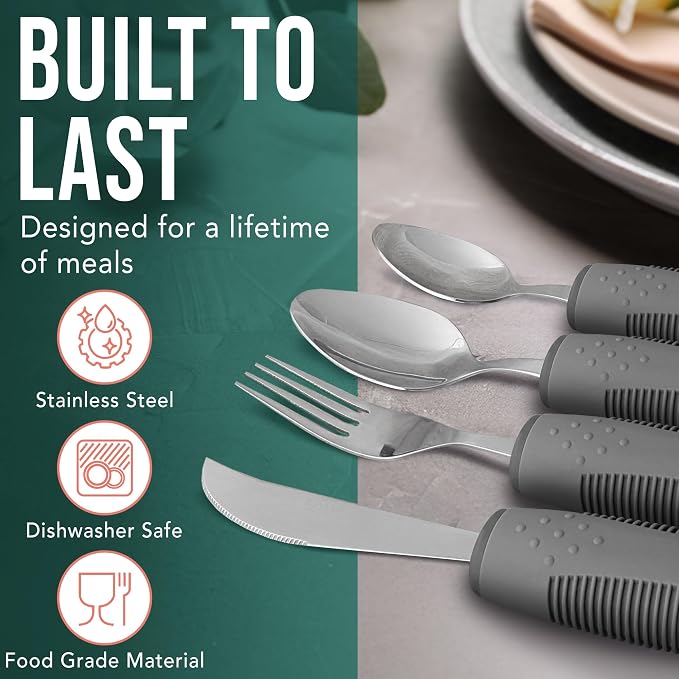 BUNMO Weighted Utensils for Hand Tremors - Elderly, Weak Hand Grip & Handicapped - Stainless Steel - Eat Independently