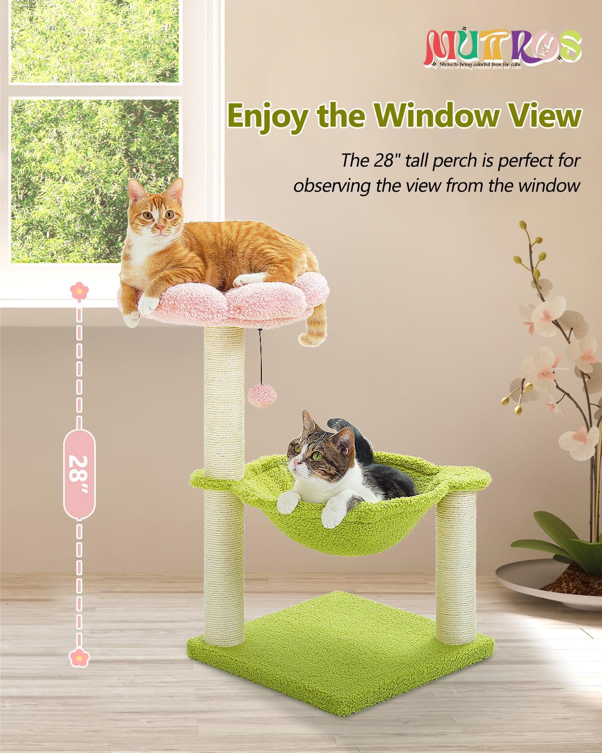 Flower Cat Tree, 28" Cat Tower with Cozy Flower Perch, Large Hammock for Indoor Small Cats, Cute Cat Tree with Sisal Scratching Post and Fur Toy Ball for Kittens, Pink