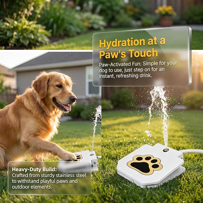 Outdoor Dog Water Fountain Step On, Upgraded Durable Dog Sprinkler Paw Activated, Sturdy Dog Water Toy for Large Dogs, Pet Drinking Dispenser for Backyard Garden Summer Outdoor Play (White)