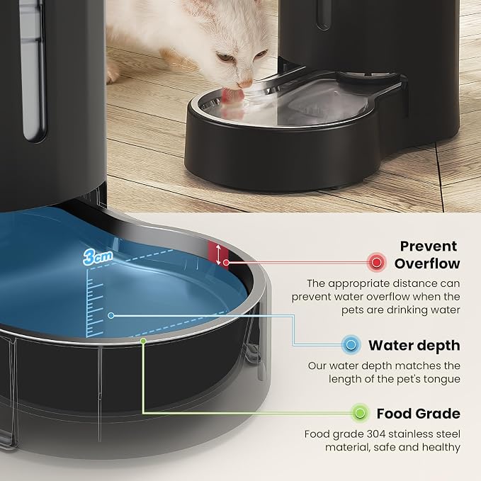 CZPET Elevated Dog Water Bowl Dispenser for Large Dogs (8L+Stand, Black) | With Stainless Steel Bowl Gravity Waterer, Large Capacity and Drinking Area Noise-Free for Pets